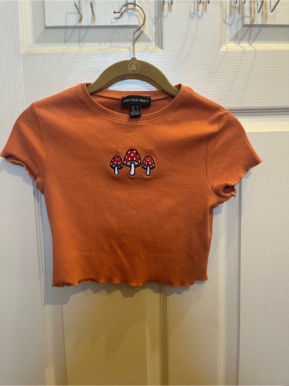 Streetwear Society Orange Crop Top with Red Mushroom Patch